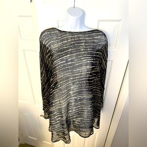 Eileen Fisher Black and Cream 100% Silk Sheer Poncho Style Blouse (One Size)